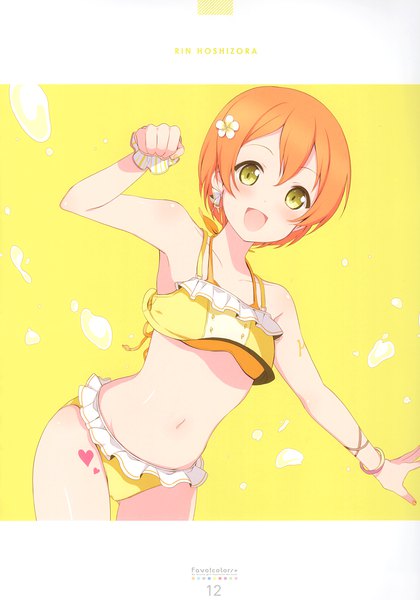Anime picture 2389x3416 with love live! school idol project sunrise (studio) love live! hoshizora rin 6u (eternal land) single tall image looking at viewer blush fringe highres short hair open mouth hair between eyes yellow eyes :d hair flower orange hair character names outstretched arm