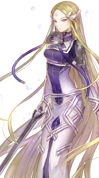 Anime picture 582x1043 with million arthur (series) kaku-san-sei million arthur square enix galahad memipong single long hair tall image blonde hair simple background white background purple eyes very long hair face paint girl dress weapon sword