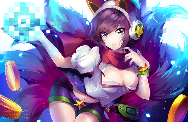 Anime picture 1250x809 with league of legends ahri (league of legends) squchan single short hair breasts blue eyes light erotic large breasts signed animal ears cleavage purple hair tail nail polish animal tail bare belly leaning leaning forward puffy sleeves