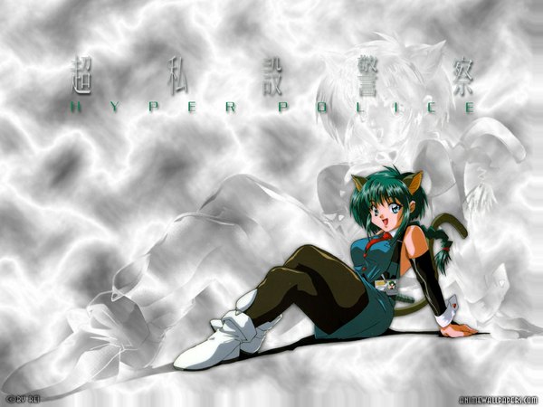 Anime picture 1024x768 with hyper police studio pierrot sasahara natsuki looking at viewer short hair open mouth blue eyes sitting bare shoulders animal tail green hair inscription grey background cat girl wallpaper single braid zoom layer girl detached sleeves pantyhose