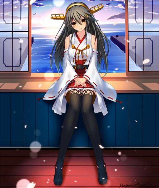 Anime picture 849x1000 with kantai collection haruna battleship dangan neko single long hair tall image looking at viewer blush black hair smile hair between eyes brown eyes sky cloud (clouds) nontraditional miko girl hair ornament detached sleeves petals thigh boots