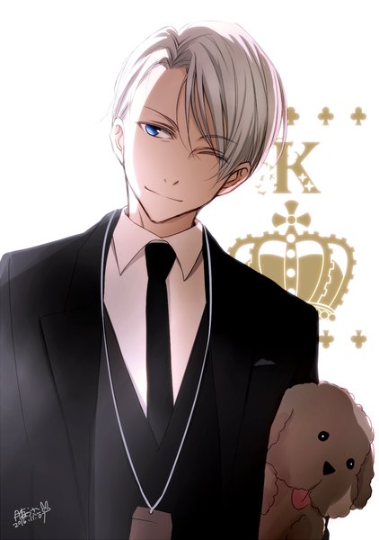 Anime picture 700x996 with yuri!!! on ice mappa viktor nikiforov makkachin tsukimori usako single tall image short hair blue eyes simple background white background signed silver hair head tilt one eye closed light smile wink dated shaded face formal