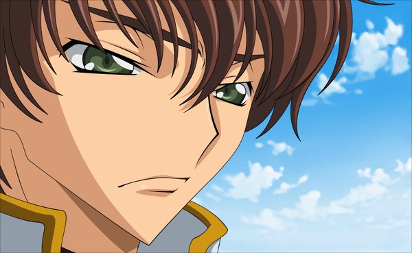 Anime picture 3838x2365 with code geass sunrise (studio) kururugi suzaku morrow single highres short hair brown hair wide image green eyes absurdres sky cloud (clouds) close-up face vector boy