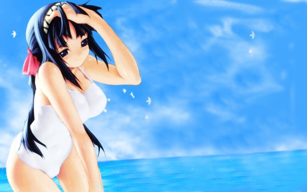 Anime picture 1680x1050 with tasogare kuwashima takako kawata hisashi single long hair fringe black hair smile wide image standing bare shoulders payot sky cloud (clouds) arm up black eyes inscription bare legs leaning wallpaper