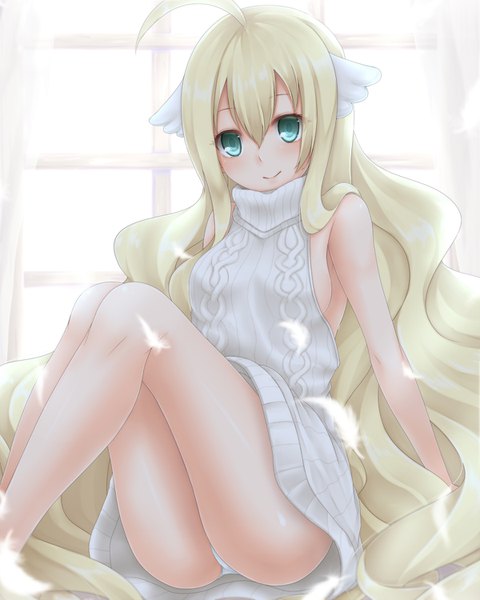 Anime picture 1200x1500 with fairy tail mavis vermillion aru gunsou single tall image looking at viewer blush fringe breasts light erotic blonde hair smile hair between eyes sitting green eyes ahoge very long hair arm support no bra wavy hair