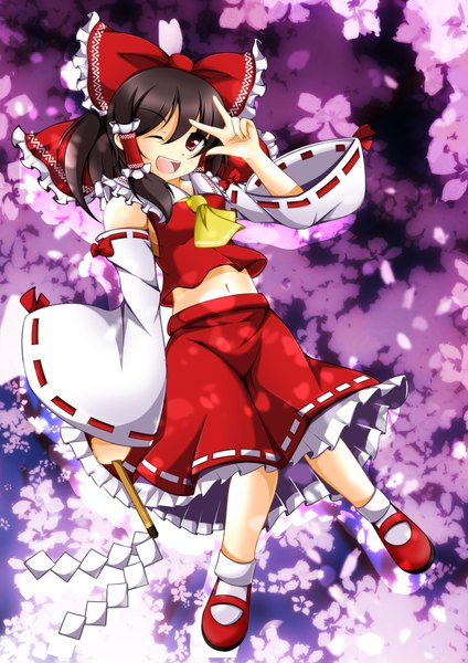 Anime picture 1500x2122 with touhou hakurei reimu fulea (artist) single long hair tall image blush open mouth black hair red eyes one eye closed wink miko girl skirt navel bow hair bow detached sleeves petals