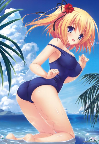 Anime picture 2624x3800 with melonbooks mikagami mamizu single tall image blush highres short hair breasts open mouth blue eyes light erotic looking away sky cloud (clouds) ass hair flower scan orange hair official art one side up