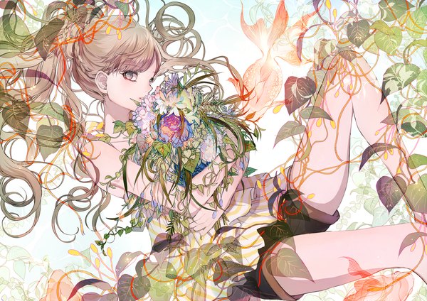 Anime picture 1023x723 with original tsukioka tsukiho single long hair looking at viewer brown hair ponytail pink eyes bare legs underwater girl flower (flowers) plant (plants) shorts leaf (leaves) fish (fishes) blouse