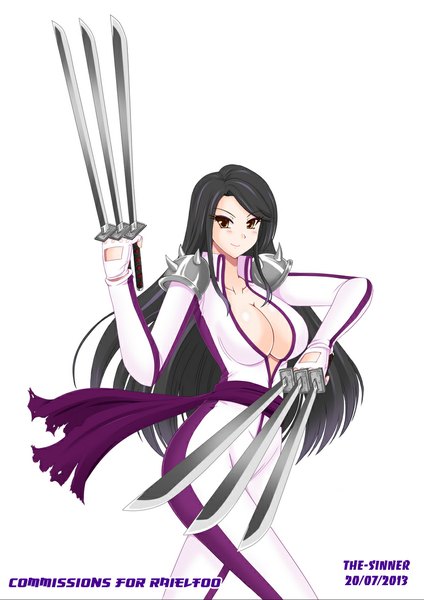 Anime picture 800x1131 with the-sinner single long hair tall image blush light erotic black hair simple background smile white background brown eyes cleavage girl weapon sword bodysuit