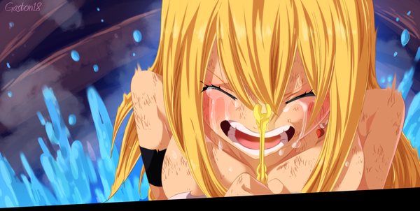 Anime picture 1578x796 with fairy tail lucy heartfilia tongasart single long hair light erotic blonde hair wide image eyes closed tears coloring crying girl earrings water splashes key