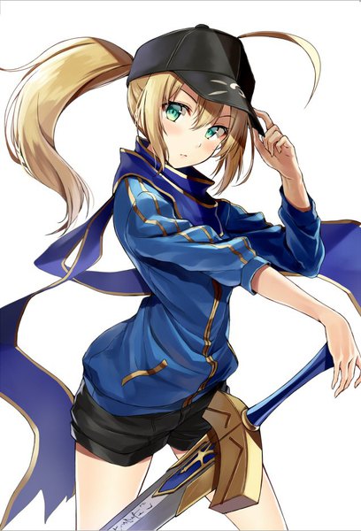 Anime picture 636x935 with fate (series) fate/grand order artoria pendragon (all) mysterious heroine x (fate) kakao rantan single long hair tall image looking at viewer blush fringe simple background blonde hair hair between eyes white background green eyes ahoge ponytail adjusting hat girl