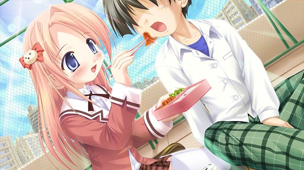 Anime picture 1024x576 with sanarara r nekoneko soft long hair blush open mouth blue eyes blonde hair wide image game cg couple eating girl boy uniform hair ornament school uniform shirt food obento