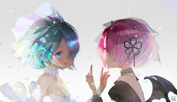 Anime picture 1500x866 with re:zero kara hajimeru isekai seikatsu white fox rem (re:zero) ram (re:zero) crab d looking at viewer blush fringe short hair breasts open mouth blue eyes simple background smile wide image multiple girls blue hair pink hair cleavage upper body