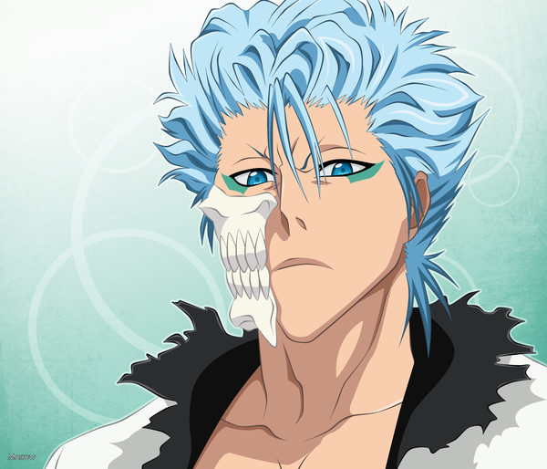 Anime picture 2400x2057 with bleach studio pierrot grimmjow jeagerjaques morrow single highres short hair blue eyes simple background signed blue hair torn clothes vector espada boy mask