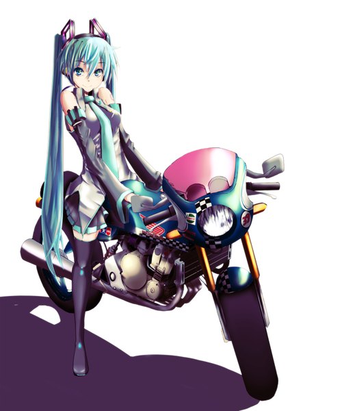 Anime picture 1500x1800 with vocaloid hatsune miku fushichou (artist ) single long hair tall image looking at viewer simple background smile white background twintails green eyes green hair shadow girl uniform necktie thigh boots motorcycle