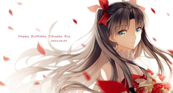 Anime picture 1201x648 with fate (series) fate/stay night toosaka rin yaoshi jun long hair looking at viewer black hair simple background wide image white background twintails bare shoulders aqua eyes light smile wind blurry depth of field character names dated happy birthday