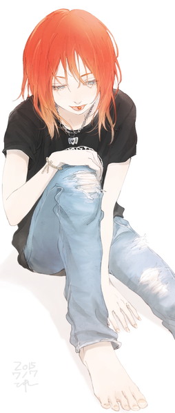 Anime picture 750x1770 with original teyuruun single tall image open mouth blue eyes simple background white background holding red hair barefoot from above mouth hold torn clothes eyebrows hand on knee pendant pants t-shirt toes