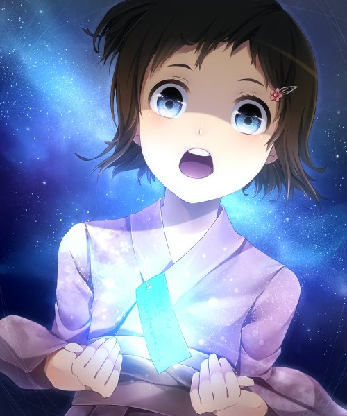 Anime picture 1000x1200 with original ryota (ry o ta) single tall image blush short hair open mouth blue eyes brown hair sky traditional clothes japanese clothes night teeth night sky glowing hieroglyph tanabata girl hair ornament