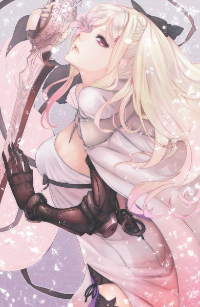 Anime picture 540x828 with drakengard zero (drag-on dragoon) mins (minevi) single long hair tall image looking at viewer silver hair profile pink eyes girl bow weapon hair bow sword armor cape eyepatch