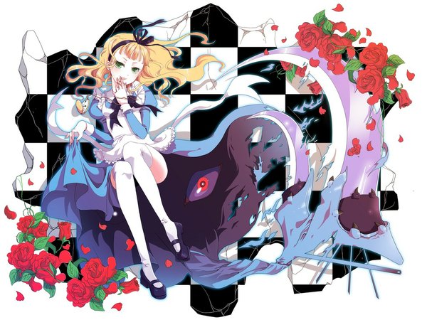 Anime picture 1024x768 with alice in wonderland alice (wonderland) hiiro (kikokico) long hair blonde hair green eyes checkered eyes girl thighhighs dress flower (flowers) petals white thighhighs rose (roses) red rose