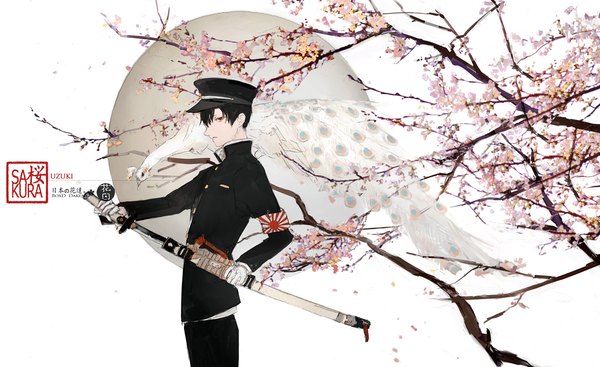 Anime picture 1200x735 with original daken single looking at viewer fringe short hair black hair simple background red eyes wide image white background holding traditional clothes japanese clothes serious floral background military unsheathing albino boy