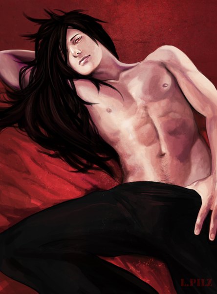 Anime picture 994x1341 with naruto studio pierrot naruto (series) uchiha madara l.pilz single long hair tall image looking at viewer fringe light erotic simple background red eyes brown hair bare shoulders signed nipples lying hair over one eye realistic