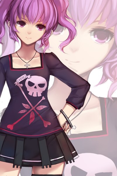 Anime picture 1417x2125 with elsword aisha landar swd3e2 tall image looking at viewer short hair twintails purple eyes purple hair zoom layer girl skirt bracelet cross cross necklace