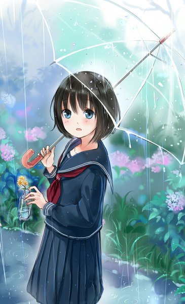 Anime picture 650x1069 with original maigoyaki single tall image looking at viewer blush short hair open mouth blue eyes black hair rain transparent umbrella girl skirt flower (flowers) umbrella hydrangea