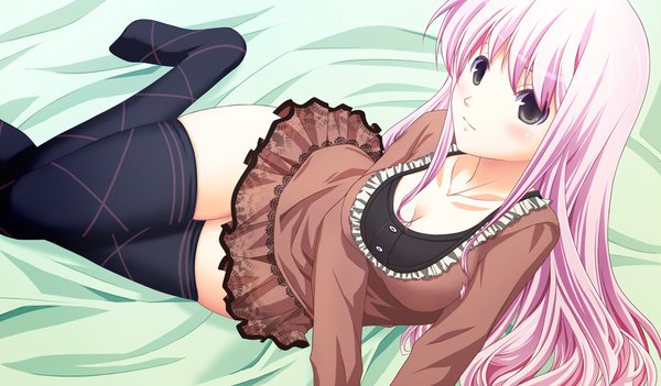 Anime picture 1024x600 with akikaze personal (game) long hair wide image pink hair game cg black eyes girl thighhighs black thighhighs