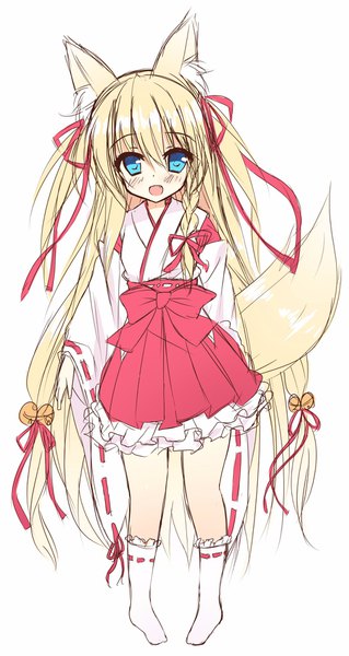 Anime picture 1089x2048 with original minatsuki kou single tall image looking at viewer blush fringe open mouth blue eyes simple background blonde hair smile hair between eyes standing white background twintails animal ears full body tail braid (braids)