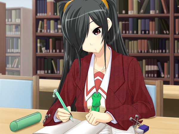 Anime picture 1200x900 with kokoro no sumika black hair purple eyes game cg girl serafuku notebook