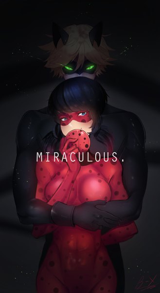 Anime picture 1232x2248 with miraculous ladybug marinette cheng adrien agreste ladybug (character) chat noir sly-8 tall image fringe short hair breasts blue eyes light erotic blonde hair standing twintails green eyes animal ears blue hair cat ears inscription