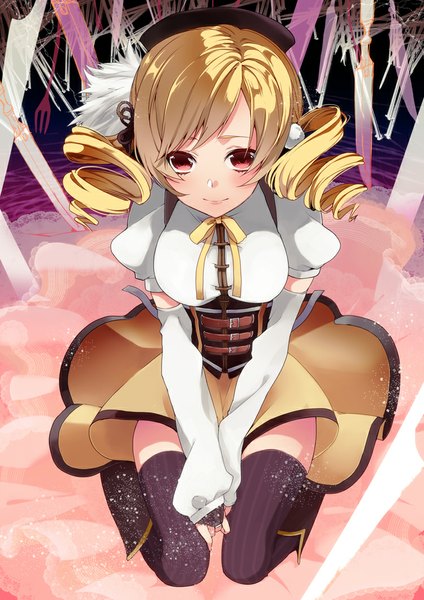 Anime picture 750x1061 with mahou shoujo madoka magica shaft (studio) tomoe mami manyako (mohumohu) single long hair tall image blush fringe breasts blonde hair smile red eyes sitting twintails zettai ryouiki drill hair looking down girl thighhighs