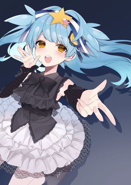 Anime picture 2893x4092 with zombie land saga mappa hoshikawa lily uehara (dormmmmir ) single long hair tall image looking at viewer highres open mouth simple background brown eyes blue hair :d teeth gradient background girl detached sleeves frills bowtie