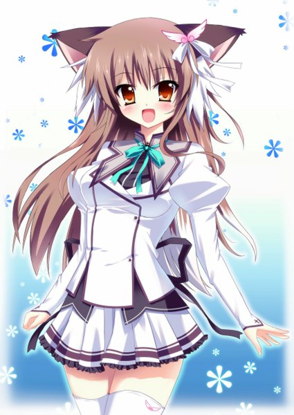 Anime picture 890x1257 with mashiroiro symphony raiou long hair tall image looking at viewer blush open mouth red eyes brown hair animal ears cat ears zettai ryouiki girl thighhighs uniform school uniform white thighhighs flower (symbol)