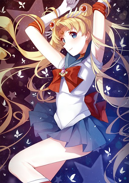 Anime picture 800x1131 with bishoujo senshi sailor moon toei animation tsukino usagi sailor moon caidychen single tall image looking at viewer blush blue eyes blonde hair twintails very long hair pleated skirt arms up girl skirt gloves hair ornament bow