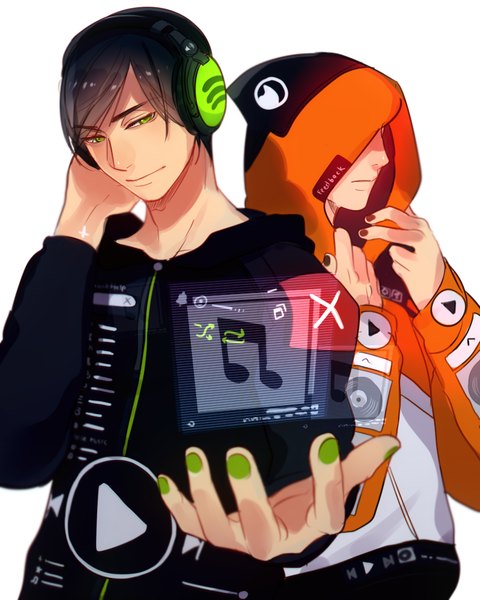 Anime picture 800x1000 with spotify (character) grooveshark (character) rosel-d tall image short hair black hair simple background white background green eyes nail polish grey hair multiple boys arm behind head adjusting clothes hand on headphones music boy jacket headphones hood