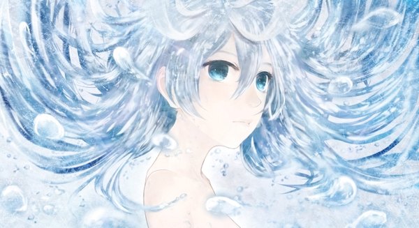 Anime picture 1430x780 with original bounin single long hair looking at viewer blush wide image bare shoulders aqua eyes nude aqua hair turning head girl water bubble (bubbles)