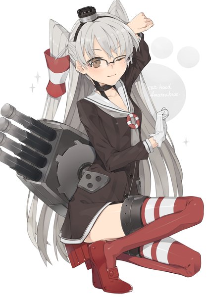 Anime picture 896x1280 with kantai collection amatsukaze destroyer hayashi kewi single long hair tall image looking at viewer blush brown eyes signed silver hair one eye closed wink two side up squat bespectacled girl thighhighs dress gloves
