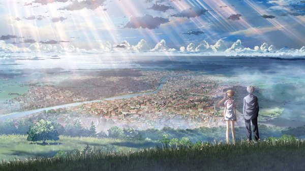 Anime picture 1280x720 with ef shaft (studio) hayama mizuki himura yuu blonde hair wide image game cg sky cloud (clouds) white hair from behind city cityscape landscape sunbeam river