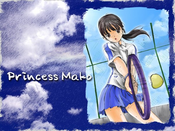 Anime picture 1024x768 with real life mako-hime black hair brown eyes sweat wallpaper tennis skirt shirt ball tennis racket tennis ball tennis court