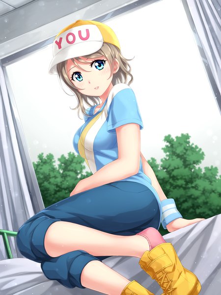 Anime picture 1020x1360 with love live! sunshine!! sunrise (studio) love live! watanabe you tucana single long hair tall image looking at viewer blush blue eyes brown hair sky bent knee (knees) light smile girl plant (plants) tree (trees) boots window