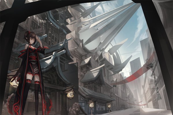 Anime picture 1294x858 with original monono single short hair brown hair brown eyes sky cloud (clouds) pointy ears city girl thighhighs black thighhighs detached sleeves belt building (buildings) lantern statue