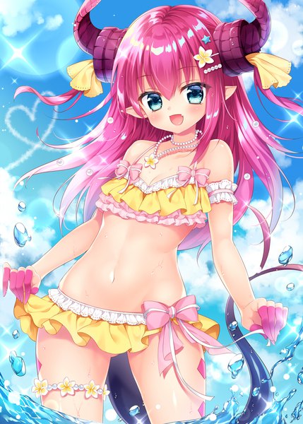 Anime picture 750x1049 with fate (series) fate/extra fate/extra ccc elizabeth bathory (fate) (all) elizabeth bathory (fate) mitsuba choco single long hair tall image looking at viewer blush fringe open mouth hair between eyes pink hair sky cloud (clouds) tail :d horn (horns)