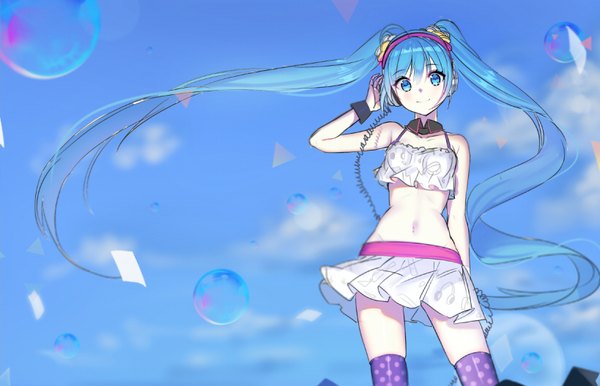 Anime picture 819x528 with vocaloid redial (vocaloid) hatsune miku honnou (kjs9504) single long hair looking at viewer blush fringe blue eyes smile hair between eyes standing twintails bare shoulders payot blue hair sky cloud (clouds) pleated skirt