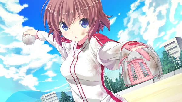 Anime picture 1280x720 with hare nochi kitto nanohana biyori single looking at viewer blush short hair open mouth blue eyes brown hair wide image game cg sky cloud (clouds) baseball girl uniform gym uniform ball baseball (ball) baseball mitt