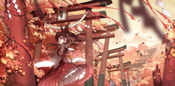 Anime picture 1300x643 with touhou hakurei reimu kochiya sanae shameimaru aya inubashiri momiji newrein (artist) long hair looking at viewer open mouth brown hair wide image sitting bare shoulders sky ponytail wind autumn girl bow hair bow