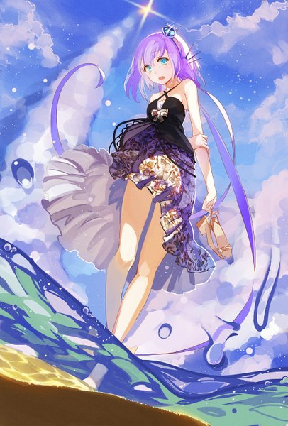 Anime picture 1031x1522 with vocaloid aoki lapis lia-sama single tall image looking at viewer fringe breasts open mouth holding sky purple hair cloud (clouds) very long hair barefoot aqua eyes bare legs from below walking girl