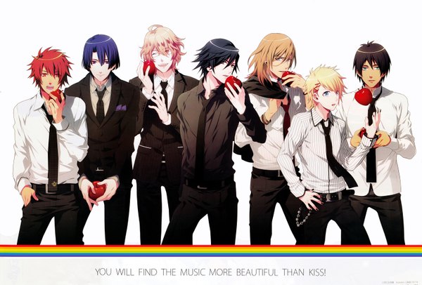 Anime picture 3000x2033 with uta no prince-sama a-1 pictures jinguji ren hijirikawa masato ichinose tokiya ittoki otoya kurusu shou shinomiya natsuki aijima cecil long hair highres short hair open mouth blue eyes black hair blonde hair simple background smile red eyes brown hair