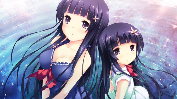 Anime picture 1024x576 with sukimazakura to uso no machi long hair black hair wide image multiple girls game cg black eyes loli girl dress 2 girls